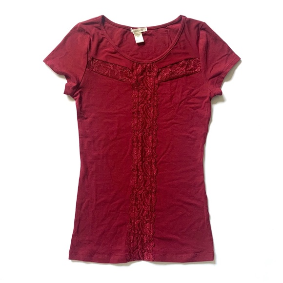 NWOT Burgundy Sheer Lace Mesh Cutout Fitted Tee - Picture 6 of 13